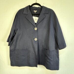 J. Jill Womens XL Ink Blue Silk & Cotton Textured Jacket Two-Button Pockets New
